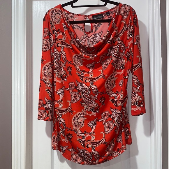 NY&C Red Orange Patterned Long Sleeve Blouse - LARGE - Picture 1 of 5